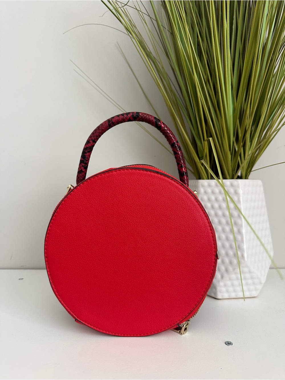 Red Round Top-Handle Snakeskin Women's Bag